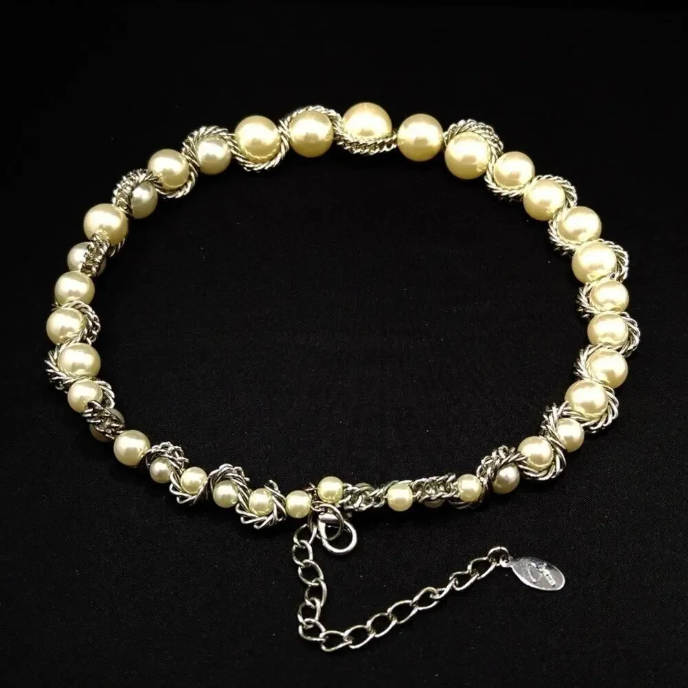 Faux Pearl Silver Chain Memory Wire Choker Necklace, 21 Inches, CG Hangtag